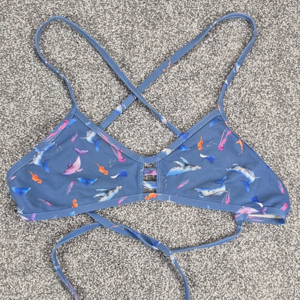 Jolyn Tomcat Bikini Top Womens Large Blue Ocean Print Athletic Tie Back Swim